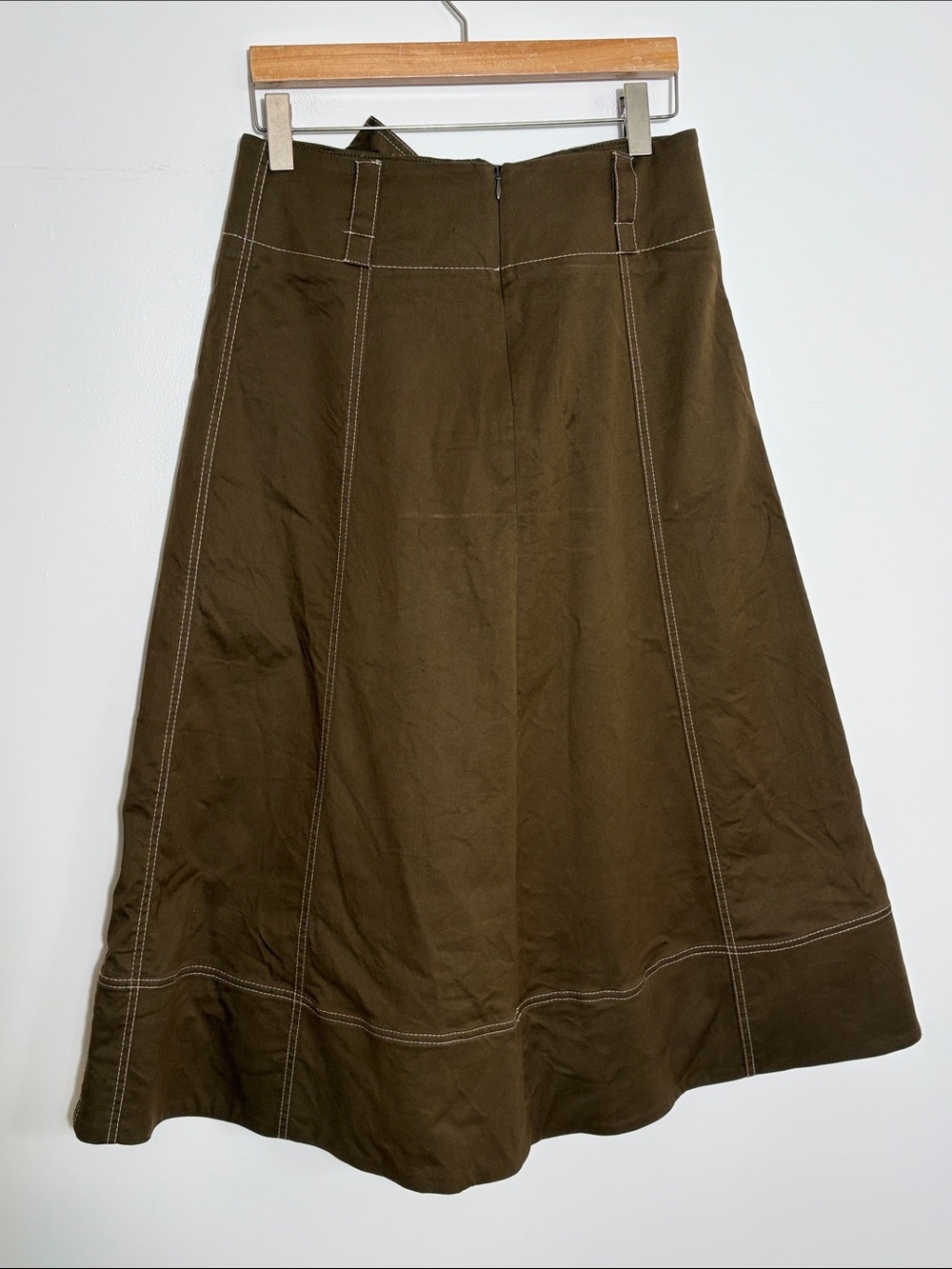 Me + Em Tie-Waist A-Line Midi Skirt in Olive Size 8 - Picture 4 of 6